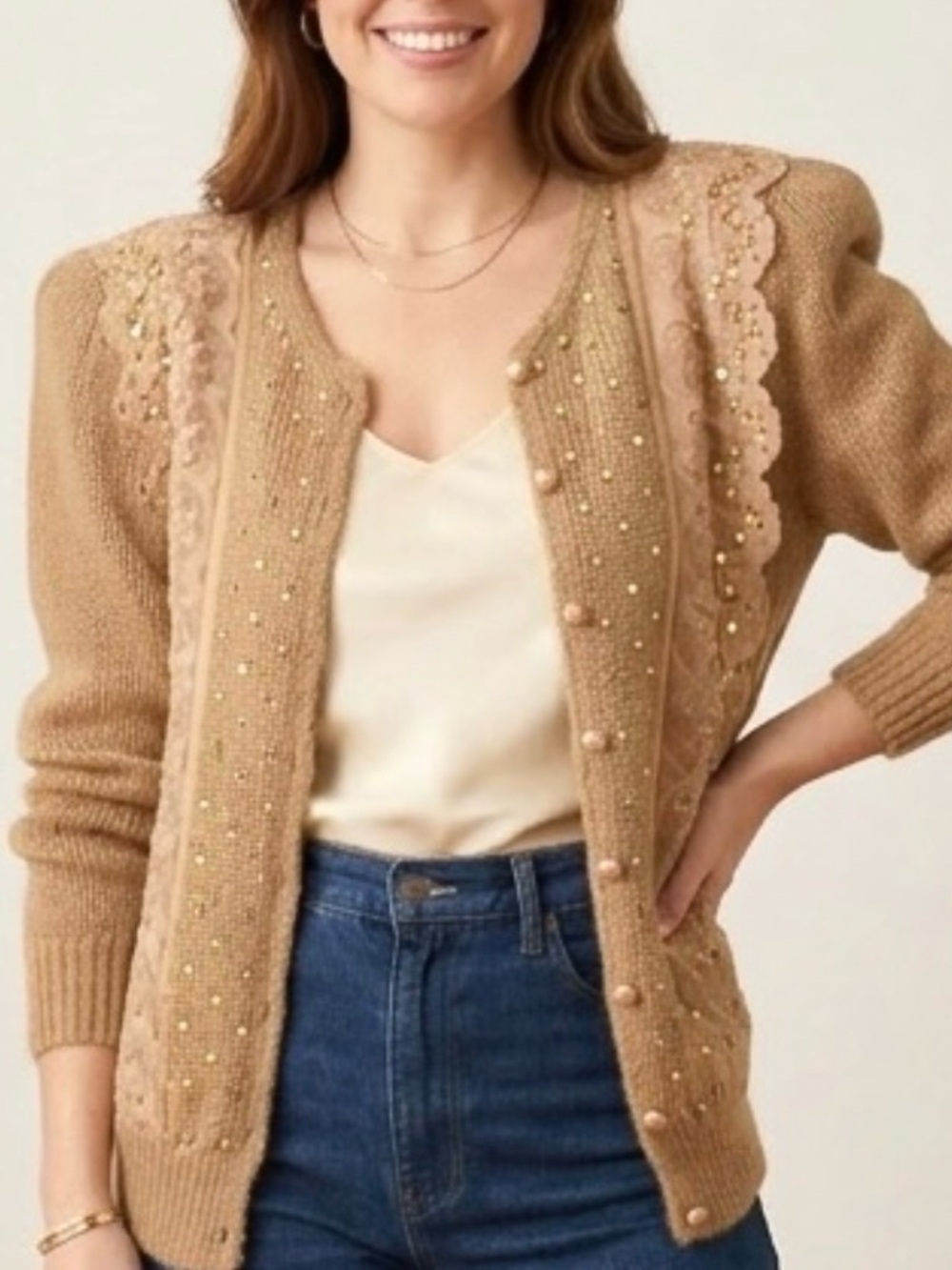 Vintage beaded Sequin Cardigan Medium Angora Wool Grandmacore Coquette Sweater